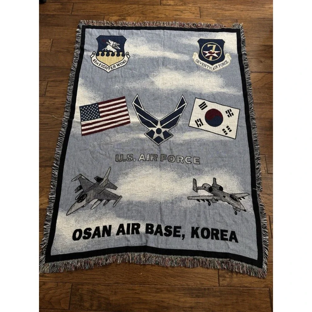 vtg United States Air Force vintage throw blanket woven fringe 74 X52 USAF Korea